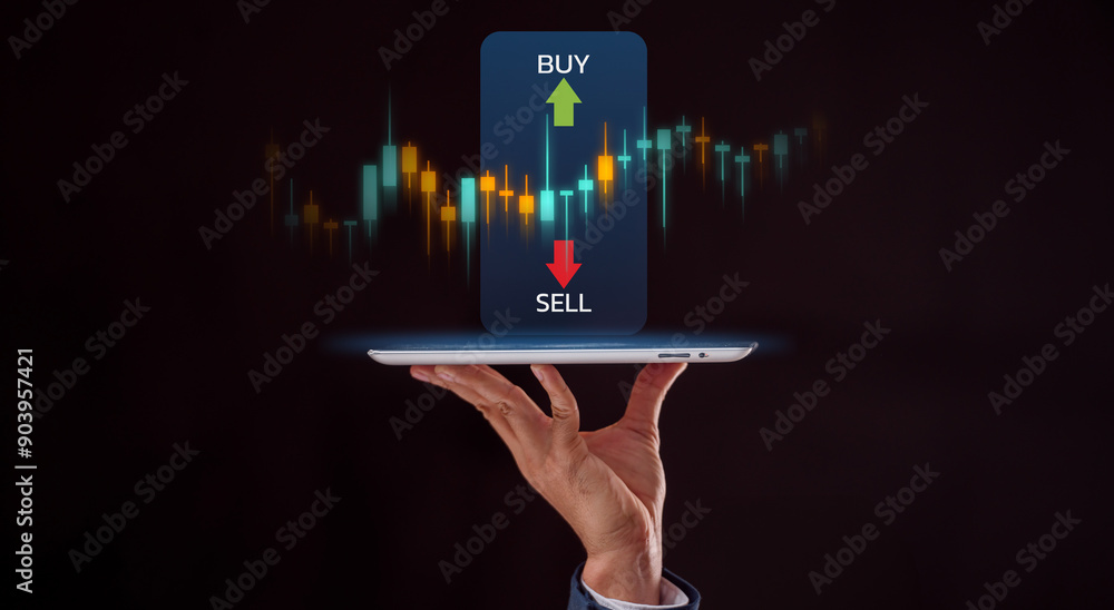 Poster success in stock trading is depicted by a trader's hand interacting with stock exchange graphs and f