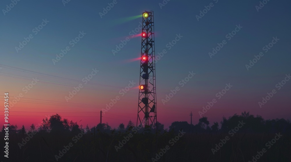 Aufkleber a tall signal tower with lights changing colors in a sequence, set against the evening sky.