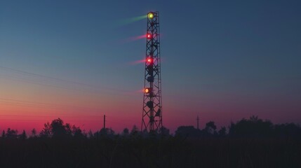 Obraz premium A tall signal tower with lights changing colors in a sequence, set against the evening sky.