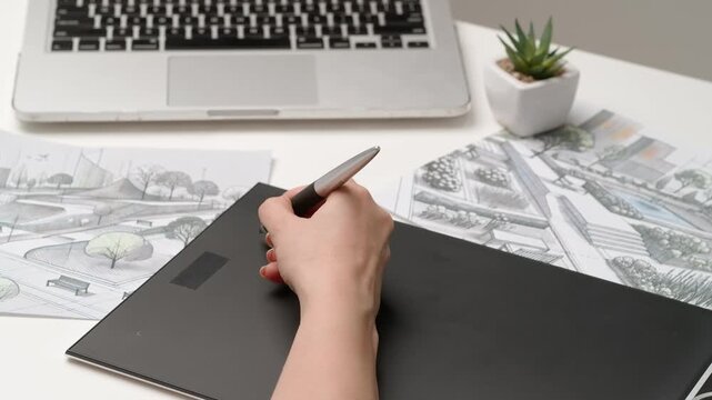 Woman landscape architect designer works on digital graphic tablet with stylus, hand drawing new project. Creativity and modern technology.