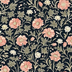 Fototapeta premium Vintage spring flowers, pattern over dark background, Pre-Raphaelites style