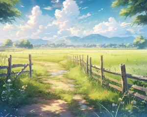 Fototapeta premium A beautiful summer landscape with a clear blue sky, fluffy white clouds, green rolling hills, and a wooden fence in the foreground.