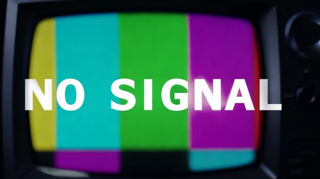 Retro TV with colorful test pattern and "No Signal" text

