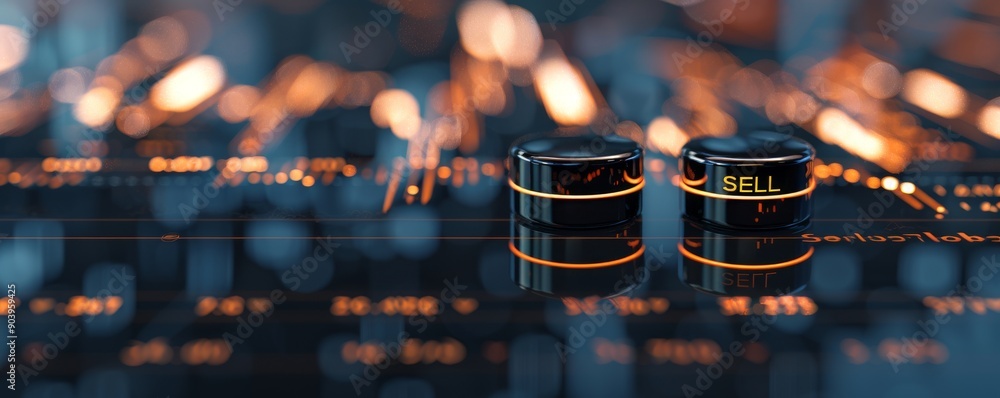 Poster 3d rendering of one black color table cylinder-shaped buttons with golden text 