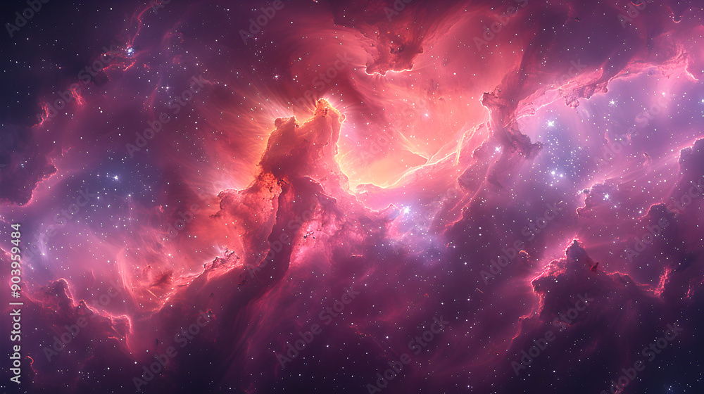 Wall mural a nebula with swirling masses of pinks and purples, interspersed with dark shadows, creating a dynam