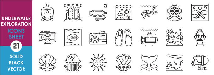 A set of line icons related to Underwater Exploration. Marine, biology, diving, submarine, machines, explore, research, coral, fish, camera, city, sports and so on. Vector outline icons set.