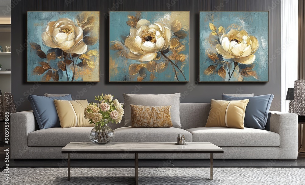 Poster the design is based on golden flowers on a blue background. a set of canvases with this type of art 