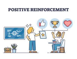 Positive reinforcement with learning motivation or reward outline diagram. Effective encouragement, feedback and approval for best results vector illustration. Motivational good consequences for work