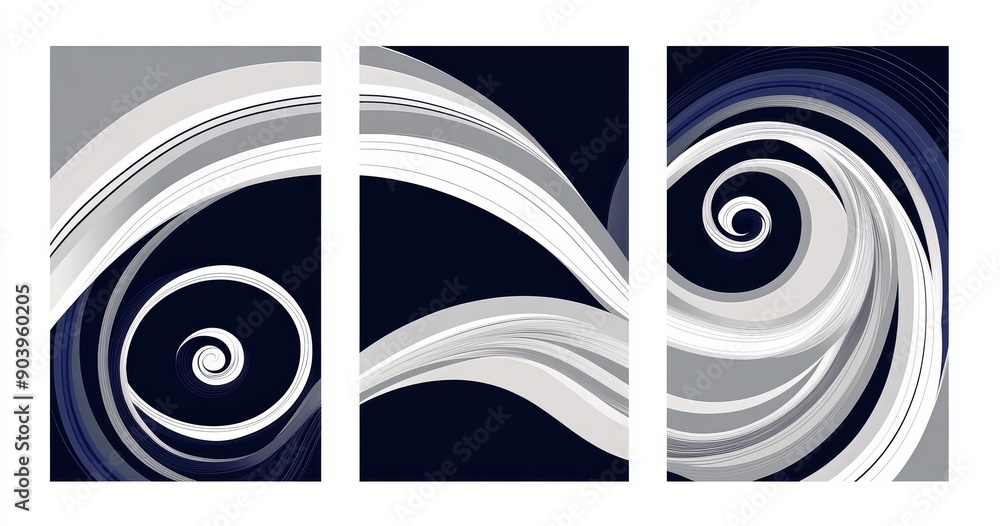 Poster three art paintings with spiral vortex patterns in blue.