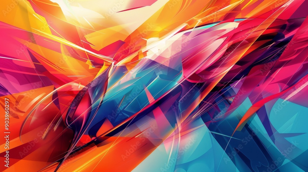 Poster abstract background with a mix of sharp angles and fluid curves in bright hues.