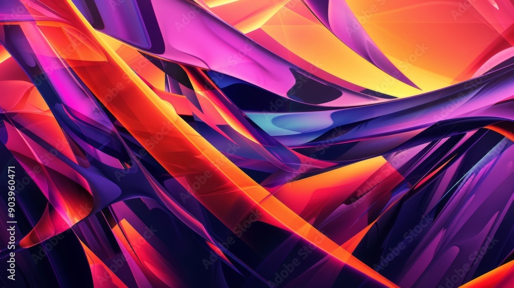 Poster abstract background with a mix of sharp angles and fluid curves in bright hues.