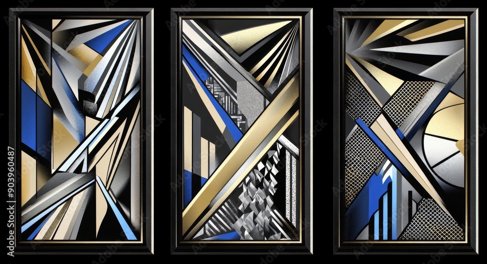 Poster a set of three abstract geometric canvases in different geometric shapes in blue and yellow. illustr