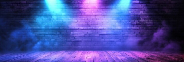 A stage with blue and purple lights shining on the wall , Empty room with neon brick wall , fog, light