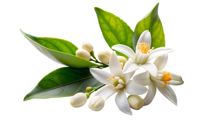Neroli flowers. Citrus aurantium Neroli blossom on branch isolated on on white transparent background, cut out png element.