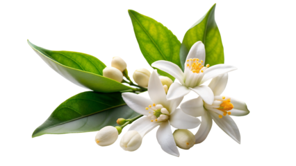 Neroli flowers. Citrus aurantium Neroli blossom on branch isolated on on white transparent background, cut out png element.