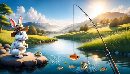 "Whimsical Fishing: A Rabbit's Sunny Day by the River"