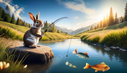 "Whimsical Fishing: A Rabbit's Sunny Day by the River"