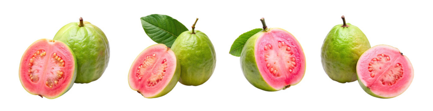 Pink guava fruits isolated on transparent white background whole and half cut. PNG elements set. Guava fruit