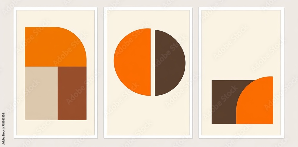 Poster set of three framed abstract paintings in a soft and rounded style