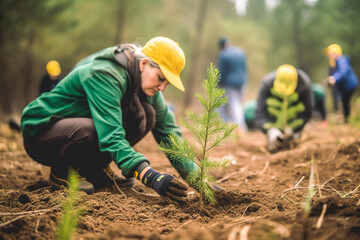 Group of volunteers planting pines in the forest