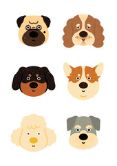 trendy simple cartoonish fluffy dog dogs puppy characters cute animal set icons hand drawn illustration style picture book children's book pug cocker spaniel dachshund corgi poodle schnauzer white bg