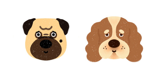 trendy simple cartoonish fluffy dog dogs puppy characters cute animal heads icons hand drawn illustration style picture book children's book pug cocker spaniel white background