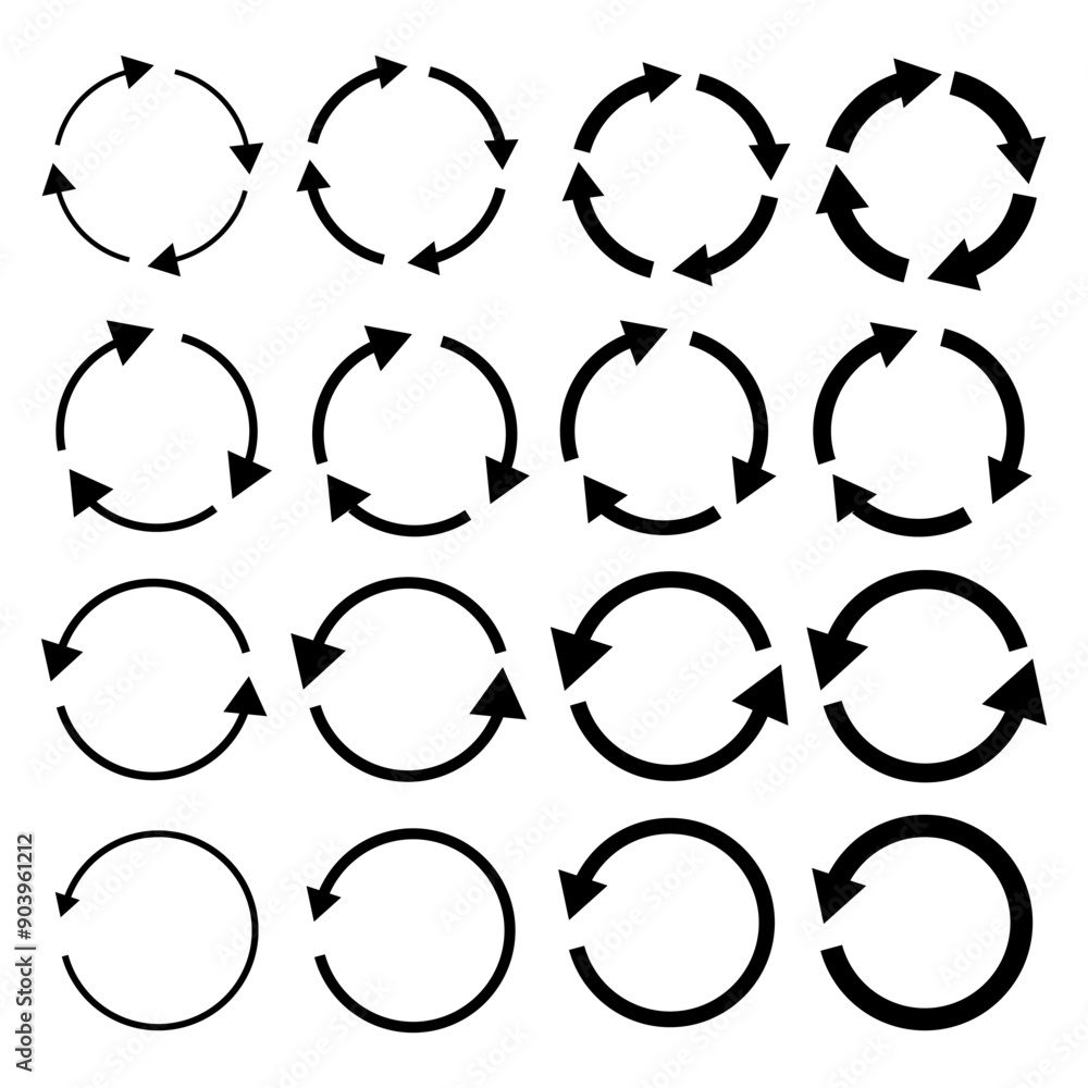 Poster circular arrow icons. black recycle symbols. set of sixteen vector elements. cycle and loop signs.
