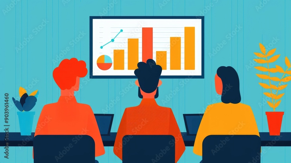 Poster flat design of a business strategy meeting with seo experts analyzing growth data and analytics on a