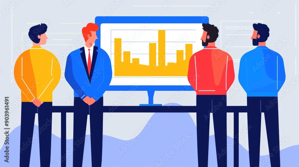 Poster of a collaborative business strategy meeting with a team of professionals reviewing data analysis an