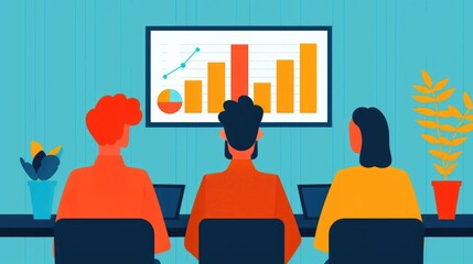 Obraz premium Flat design of a business strategy meeting with SEO experts analyzing growth data and analytics on a presentation screen