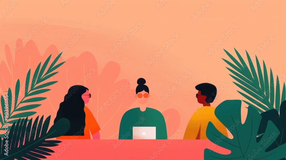 Poster of a team of professionals discussing seo strategies and optimization in a nature inspired pastel co
