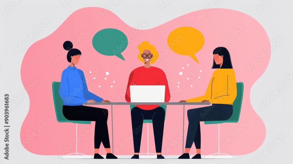 Poster pastel colored depicting a collaborative teamwork environment where people are engaged in discussion