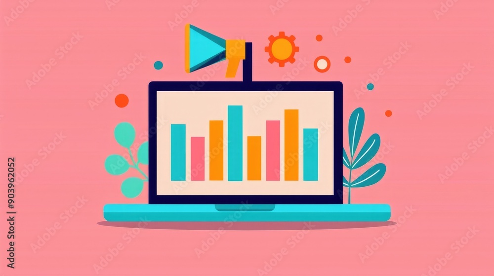 Poster digital marketing analytics dashboard with geometric pastel visualizing marketing performance and se