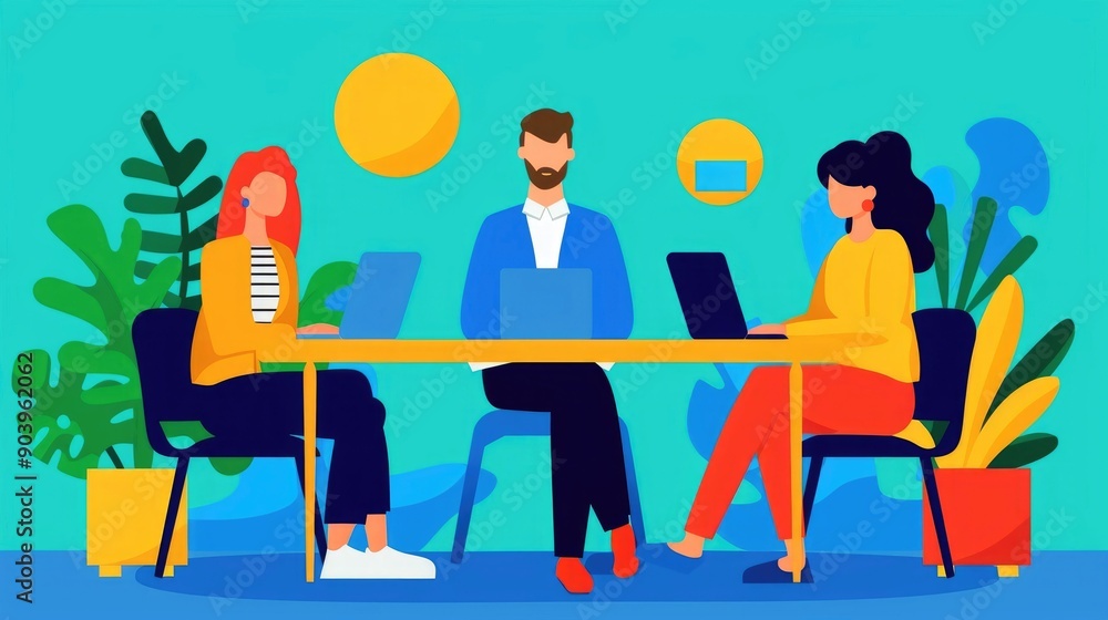 Poster flat design of a creative team working together at the office collaborating on seo planning and stra