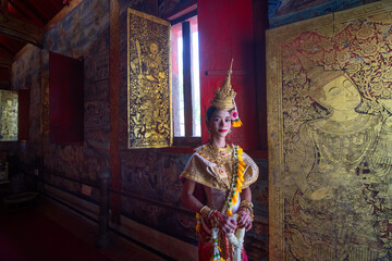 A young Thai dressed in a beautiful pantomime dressed.Khon is traditional dance drama art of Thai...