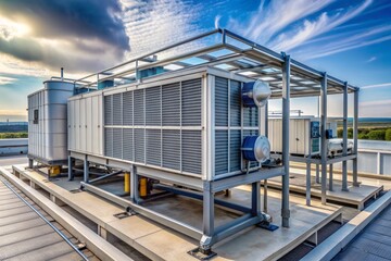 Obraz premium Rooftop of industrial building features large external unit for commercial heating ventilation and air conditioning system with metal framework and pipes.