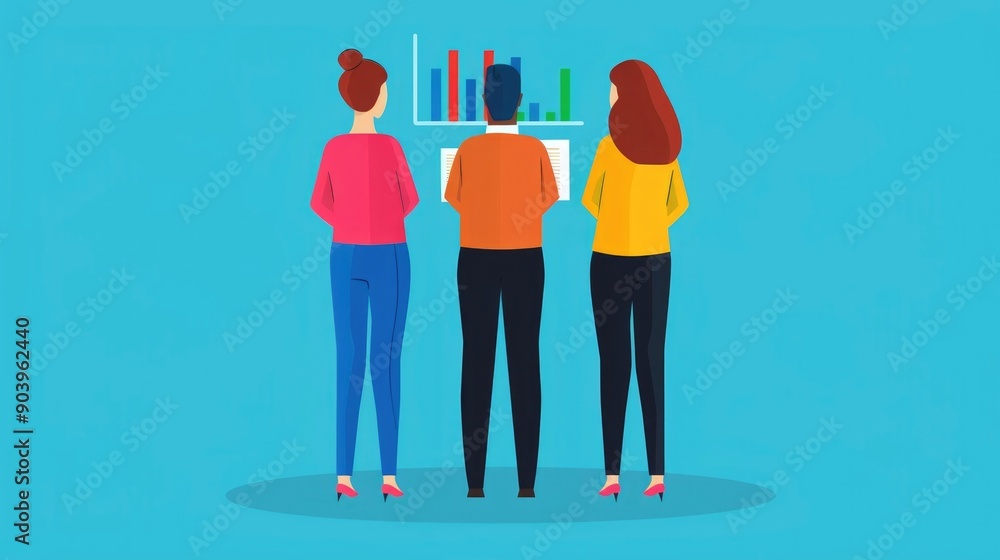 Poster digital marketers collaborating to plan and implement seo strategies in a modern flat design office 