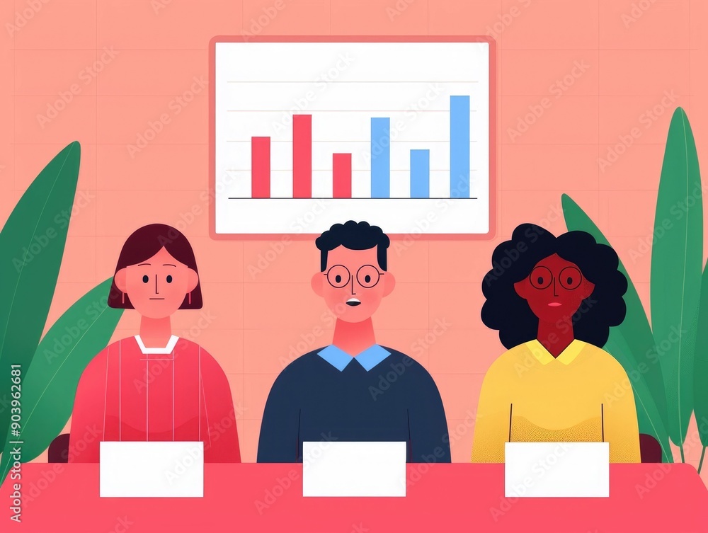 Poster diverse team of business professionals meeting in a modern office setting reviewing and analyzing se
