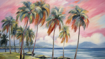 Fototapeta premium Tropical beach landscape with palm trees and colorful sky at sunset