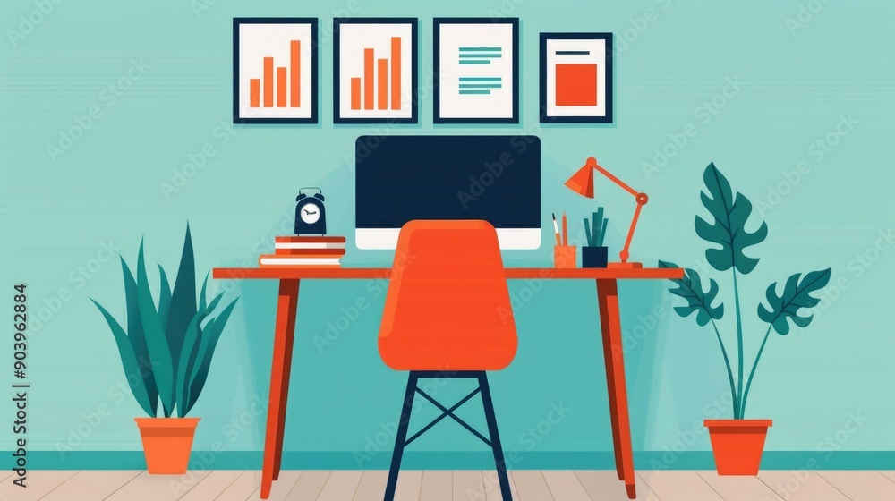 Aufkleber vibrant pastel toned office setting with desk workspace and infographic elements showcasing seo stra