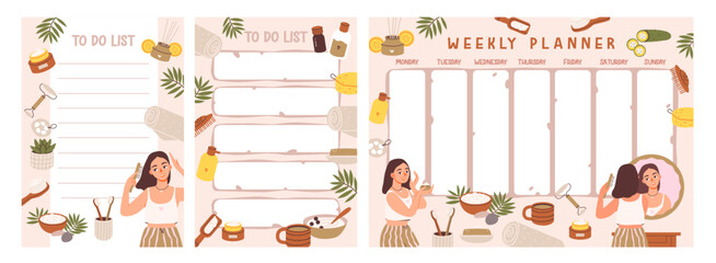 Planner and organizer for a woman’s self-care routine. Women leisure time. Organic food and cosmetics. Vector illustration wellness, motivation, and feminine lifestyle