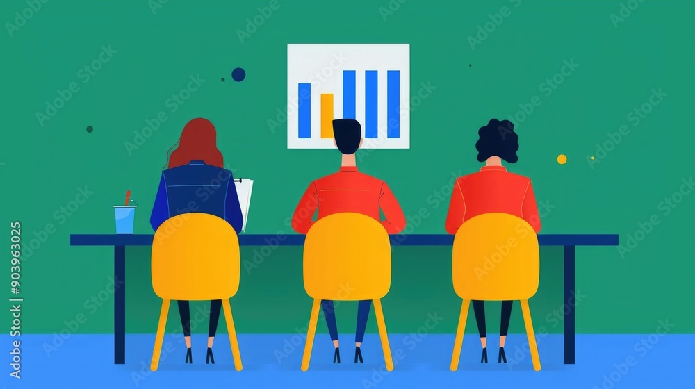 Poster depicting a seo keyword planning meeting in a modern flat design office the image showcases a team o