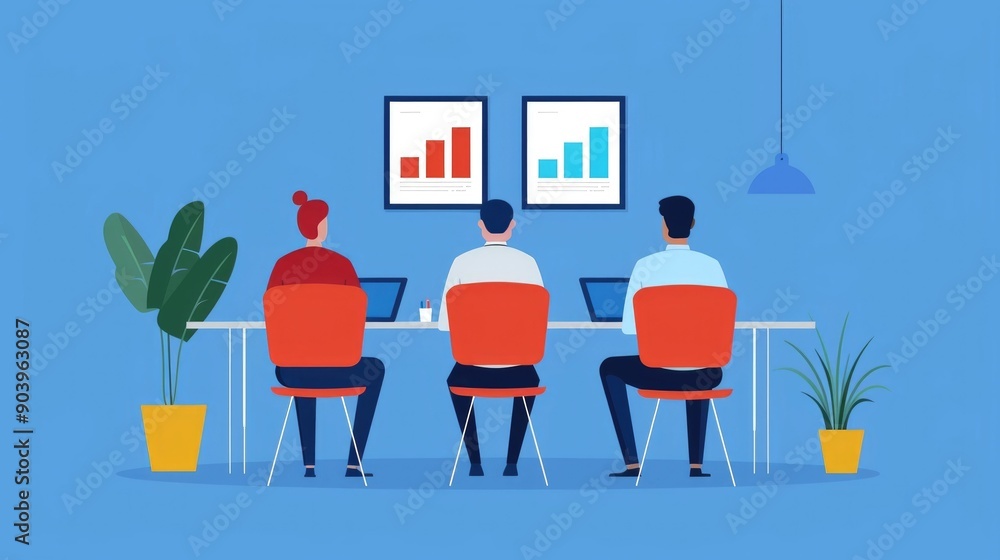 Poster seo keyword planning meeting in modern office team of professionals discussing and analyzing busines