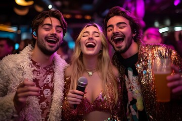 A trio of friends belt out their hearts, radiating pure joy amidst the vibrant, neon-lit energy of a karaoke bar. 