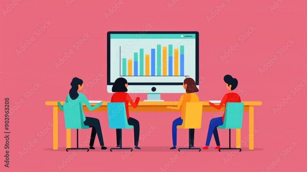 Poster of a team meeting in a modern office environment discussing data analytics presentation charts and p