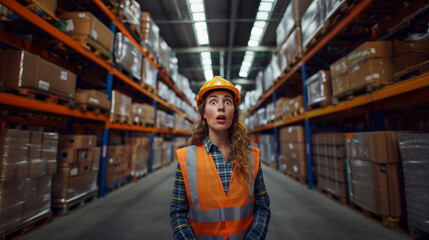 Fototapeta premium Portrait of surprised woman, storekeeper or worker. Background warehouse, shelves with cardboard boxes. Warehouse manager in helmet and safety vest. Surprised manager looking at camera. AI generative