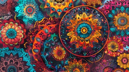 Abstract background with intricate mandala patterns in vibrant, contrasting colors.