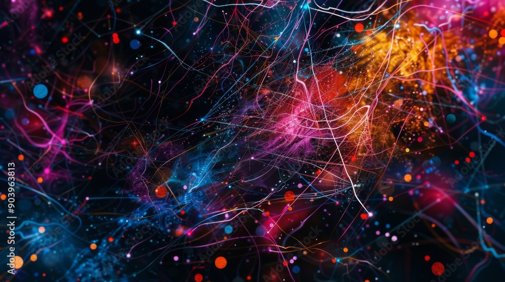 Poster abstract digital art with interconnected lines and dots on a dark background.