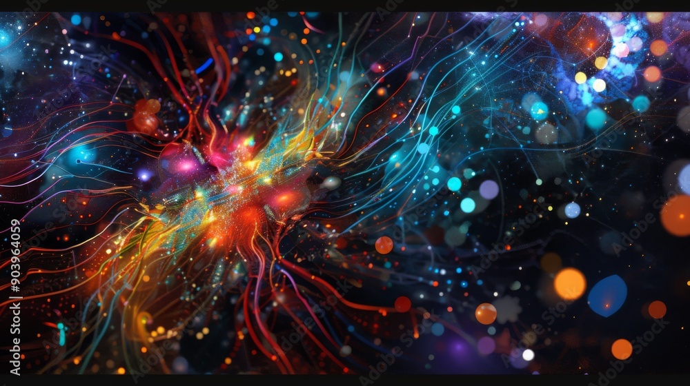 Poster abstract digital art with interconnected lines and dots on a dark background.