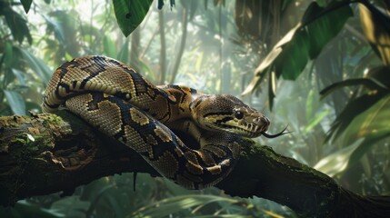 Boa Constrictor Coiled on Tree Branch in Lush Tropical Rainforest, Perfect for Wildlife Education and Nature Enthusiast Designs
